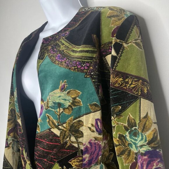 Vintage 80s Bestini Green Black Floral Patchwork Velvet Blazer Jacket - Picture 6 of 8